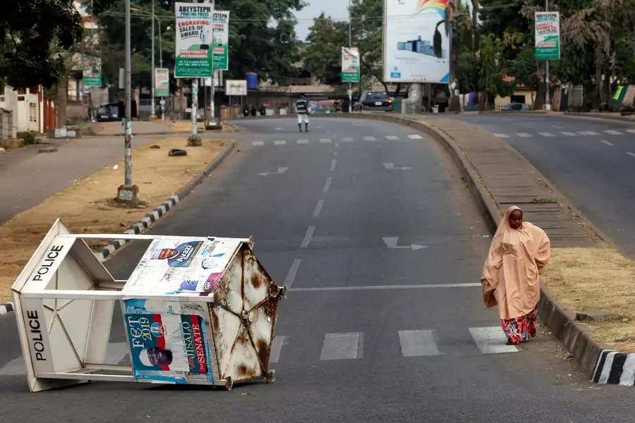 A road leading to a collation centre is blocked, as Nigerians await the result of the Presidential election, in Abuja, Nigeria, on February 24, 2019.