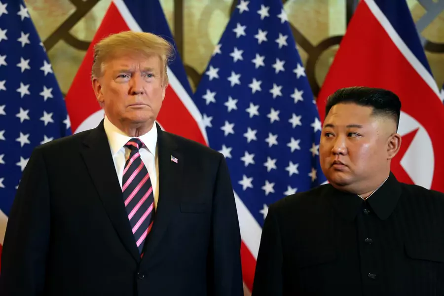 North Korean leader Kim Jong-un looks at U.S. President Donald Trump before their meeting during the second U.S.-North Korea summit at the Metropole Hotel in Hanoi, Vietnam on February 27, 2019.