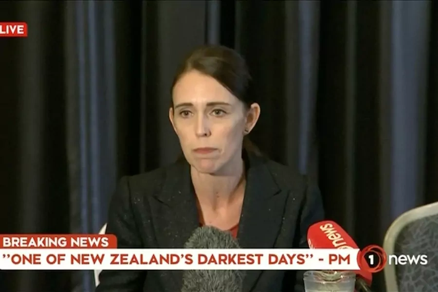New Zealand's Prime Minister Jacinda Ardern speaks on live television following fatal shootings at two mosques in central Christchurch, New Zealand on March 15, 2019, in this still image taken from video.