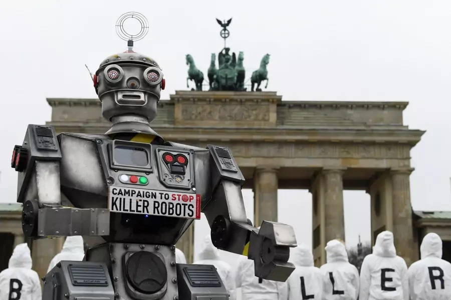 Activists from the Campaign to Stop Killer Robots stage a protest at Brandenburg Gate in Berlin, Germany, on March, 21, 2019. 