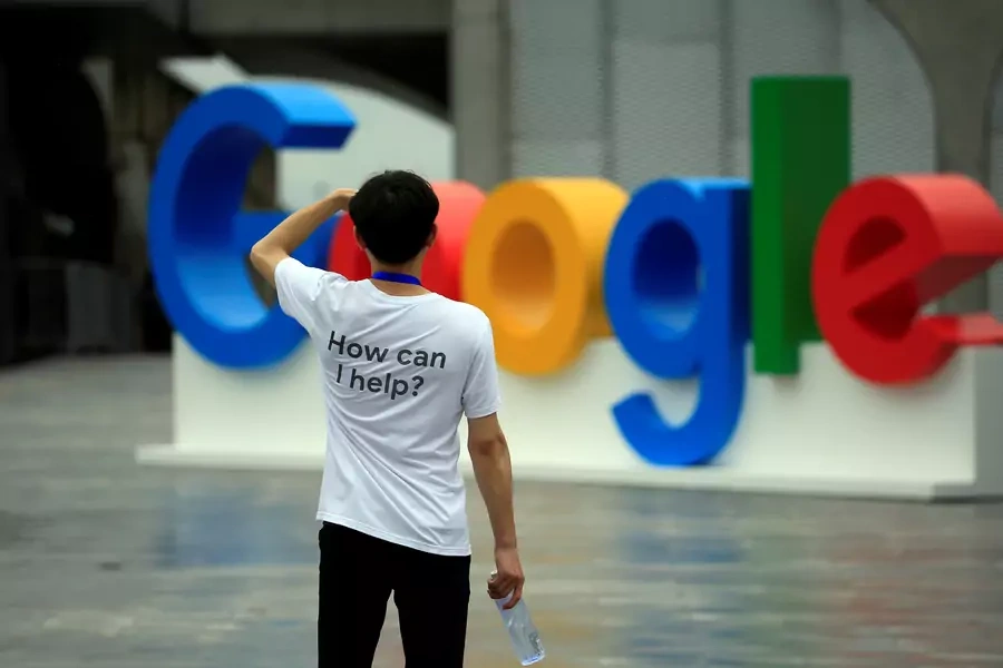 A Google sign is seen during the WAIC (World Artificial Intelligence Conference) in Shanghai, China, September 17, 2018.