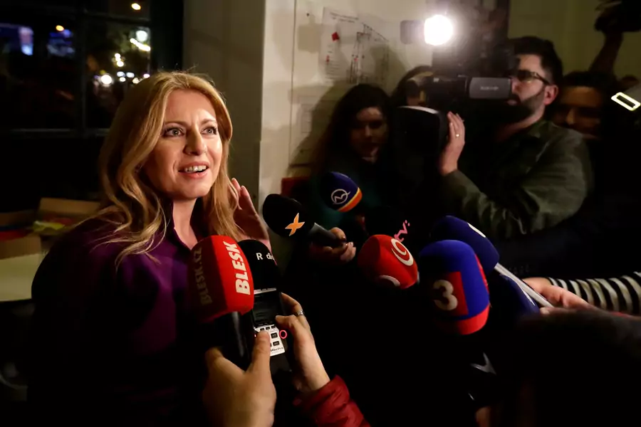  Zuzana Caputova addresses the media at the party's headquarters in Bratislava, Slovakia, March 30, 2019.
