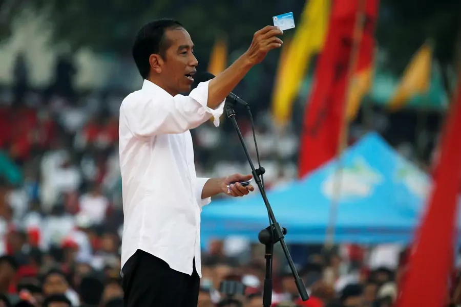 Indonesia's president and presidential candidate for the next election Joko Widodo gestures as he gives a speech during a campaign rally in Solo, Indonesia, on April 9, 2019.