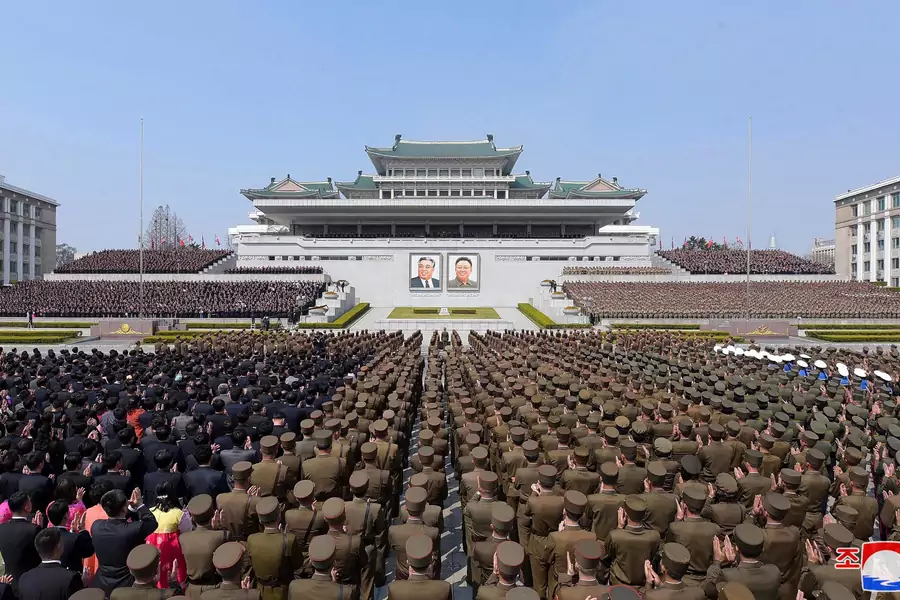 A mass rally celebrating the re-election of Kim Jong-un as North Korea's leader is held at Kim Il-sung square in Pyongyang, North Korea, in this photo released on April 14, 2019 by North Korea's Korean Central News Agency (KCNA).