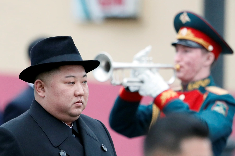 North Korean leader Kim Jong-un attends a welcome ceremony as he arrives in the Russian far-eastern city of Vladivostok on April 24, 2019.