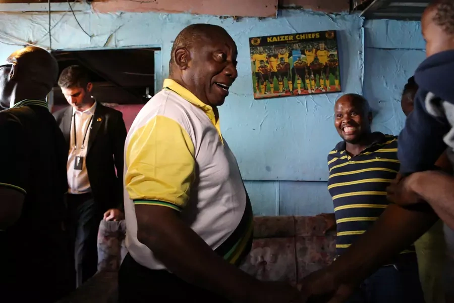 President Cyril Ramaphosa greets supporters during an election campaign visit to Khayelitsha township near Cape Town, South Africa, on February 27, 2019.