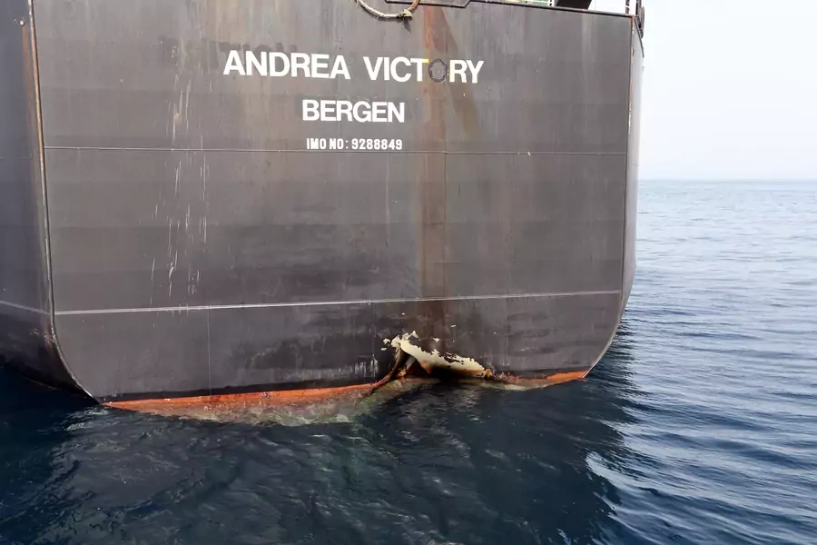 A damaged Andrea Victory ship is seen off the Port of Fujairah, United Arab Emirates, May 13, 2019. 