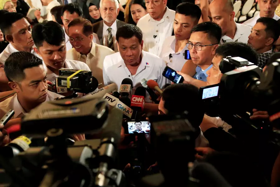 Philippine President Rodrigo Duterte is interviewed by reporters after the handover of a draft law of the Bangsamoro Basic Law (BBL) in a ceremony at the Malacanang presidential palace in metro Manila, Philippines on July 17, 2017.