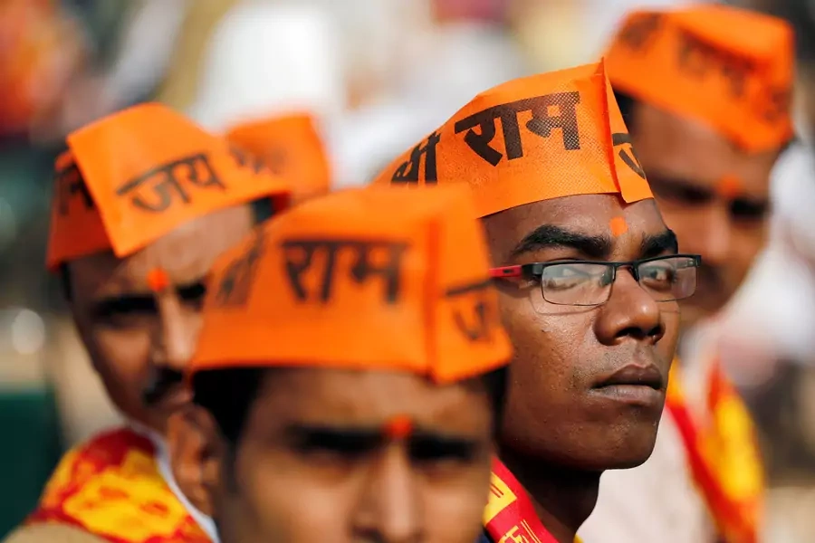 Supporters of the Hindu nationalist organization Vishva Hindu Parishad (VHP) attend "Dharma Sabha," a religious congregation organised by the VHP in New Delhi, India, on December 9, 2018.