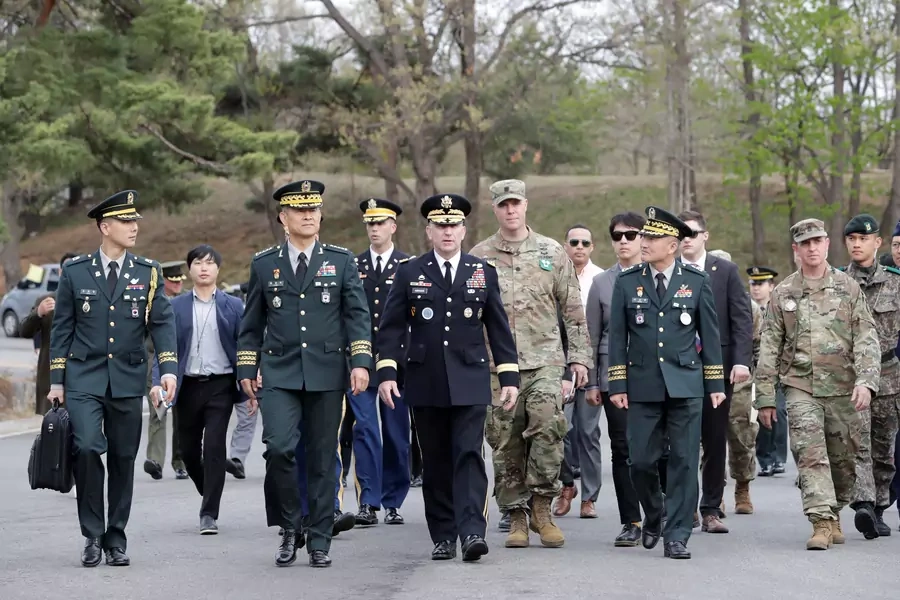 U.S. General Robert Abrams, commander of U.S. Forces Korea, United Nations Command, and Combined Forces Command, arrives at the Demilitarized Zone to mark the Panmunjom Declaration's first anniversary on April 27, 2019.