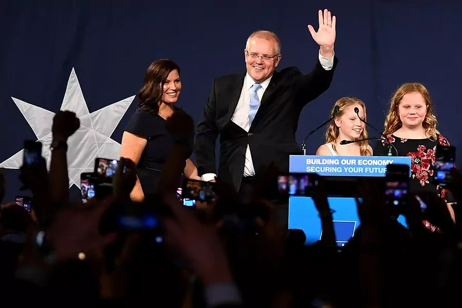 Australia's Prime Minister Scott Morrison with wife Jenny, children Abbey and Lily after winning the 2019 Federal Election, at the Federal Liberal Reception at the Sofitel-Wentworth hotel in Sydney, Australia, May 18, 2019.