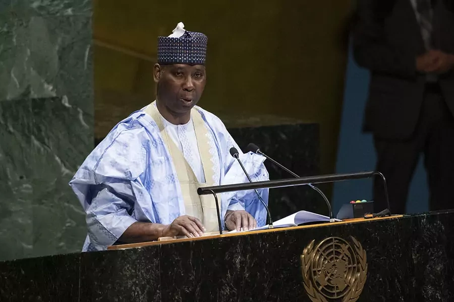 Tijjani Muhammad-Bande, permanent representative of Nigeria to the United Nations, addresses the General Assembly upon his election as president of the Assembly's seventy-fourth session, on June 4, 2019.