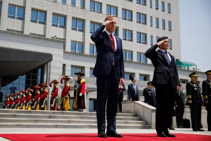 Acting U.S. Defense Secretary Patrick Shanahan and South Korean Defense Minister Jeong Kyeong-doo salute to the national flags during a welcome ceremony at the Defense Ministry in Seoul, South Korea, on June 3, 2019.