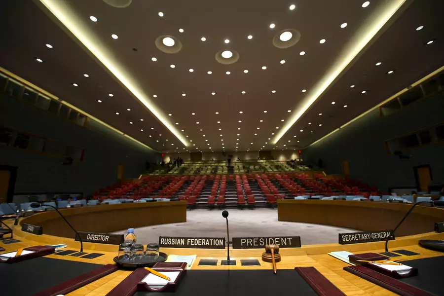 The UN Security Council chamber is seen from behind the council president's chair at the UN headquarters in New York City on September 18, 2015. 