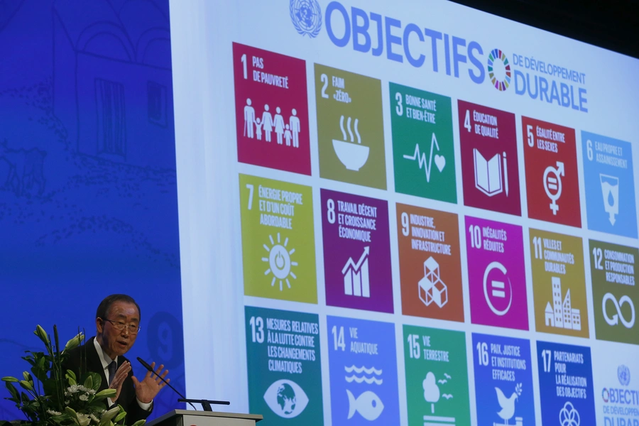 Then UN Secretary-General Ban Ki-moon addresses the Annual Conference of Swiss Development Cooperation in Zurich, Switzerland, on January 22, 2016. 