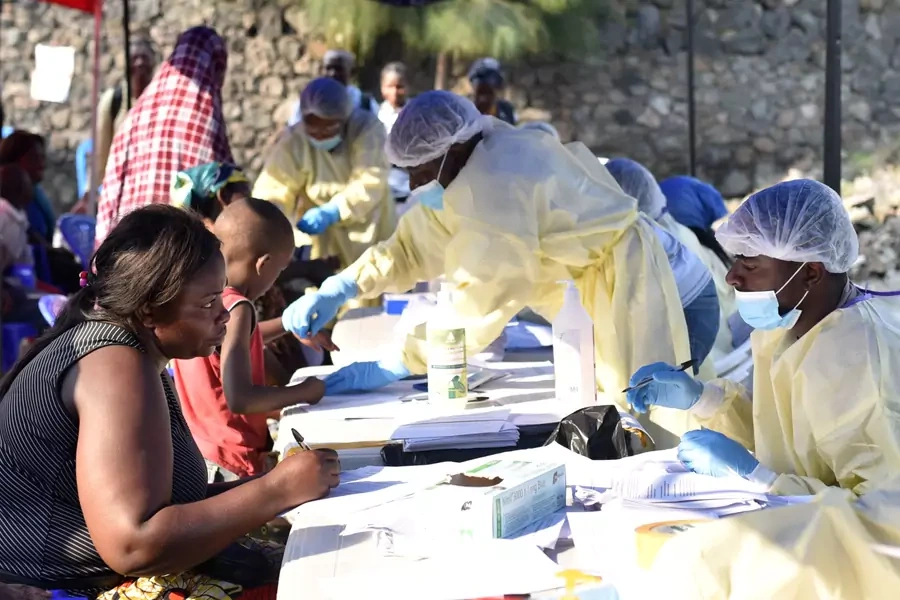Congolese health workers collect data before administering ebola vaccines to civilians at the Himbi Health Centre in Goma, Democratic Republic of Congo, on July 17, 2019.