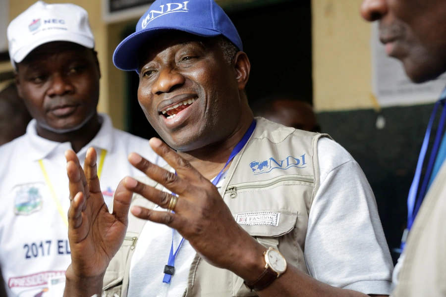 Former Nigerian President Goodluck Jonathan speaks to the media as part of the National Democratic Institute's election monitoring delegation in Liberia on December 26, 2017.