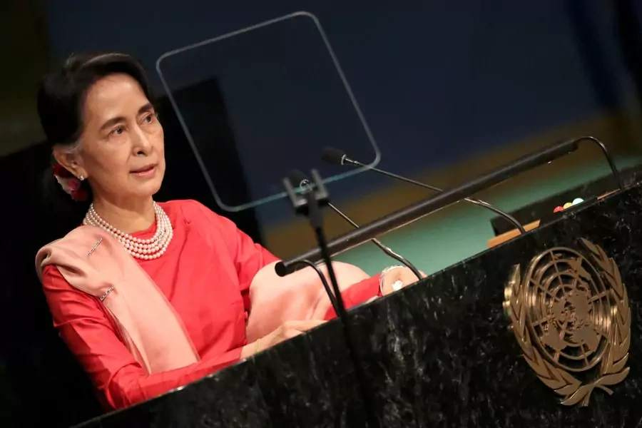Myanmar's Minister of Foreign Affairs Aung San Suu Kyi addresses the 71st United Nations General Assembly in Manhattan, New York, on September 21, 2016.