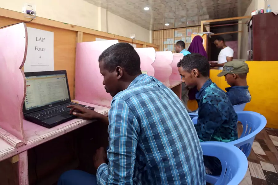 Clients browse the internet at a cyber cafe in Mogadishu, in Somalia July 18, 2017.