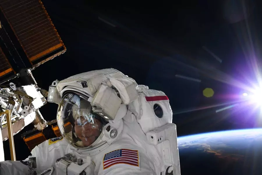 NASA astronaut Anne McClain is seen during a spacewalk at the International Space Station in this social media photo on March 22, 2019.