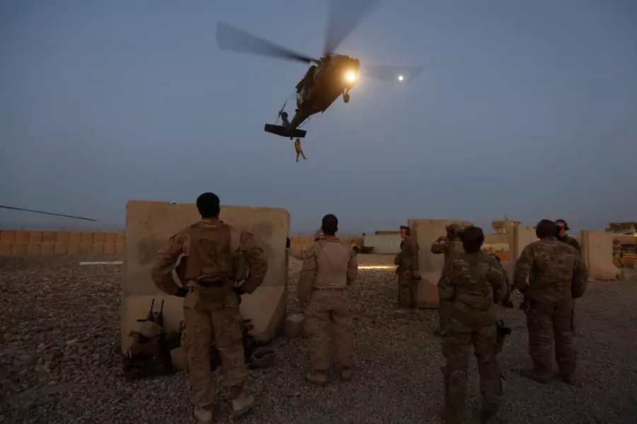 U.S. troops take part in a helicopter Medevac exercise in Helmand province, Afghanistan