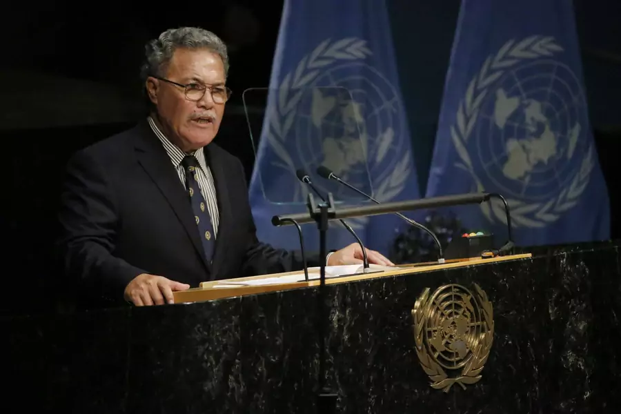 Tuvalu Prime Minister Enele Sopoaga delivers remarks at UN Headquarters in New York on April 22, 2016. 
