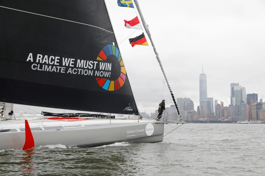 Swedish activist Greta Thunberg on the Malizia II racing yacht as she nears the completion of her transatlantic crossing in order to attend the UN Climate Action Summit in New York, on August 28, 2019. 