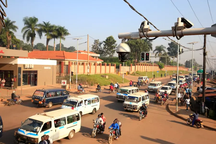 Traffic flows under the surveillance closed-circuit television camera (CCTV) system along Bakuli street in Kampala, Uganda August 14, 2019.
