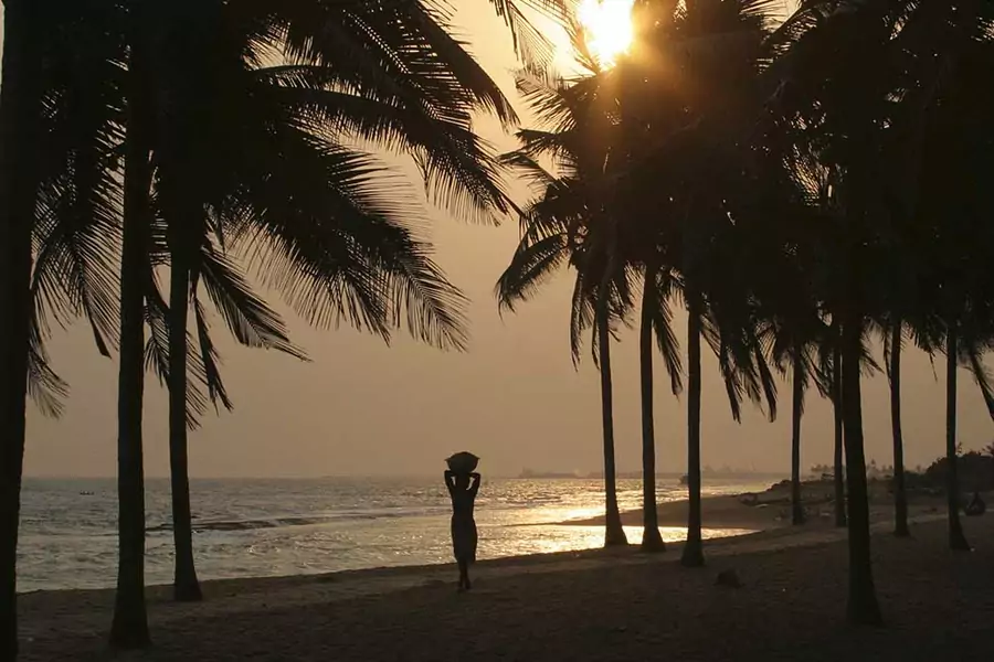 Silhouetted palm trees and woman carrying merchandise on her head on a beach at sunset, Gulf of Guinea, Lome, Togo, West Africa, January 31, 2013.