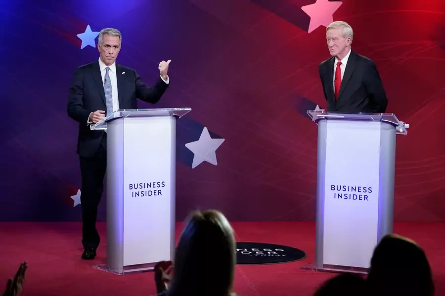 President Trump's Republican challengers, former Congressman Joe Walsh (l) and former Massachusetts Governor William Weld (r), debate each other in New York on September 24. Mark Kauzlarich/Reuters