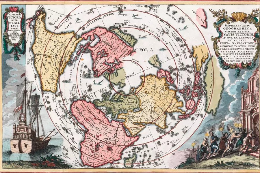 Heinrich Scherer’s Magellanic world map entitled "Representatio Geographica Itineris Maritimi Navis Victoriae...," showing the route of Magellan's circumnavigation and the Victoria, the only remaining ship from Magellan's armada. 