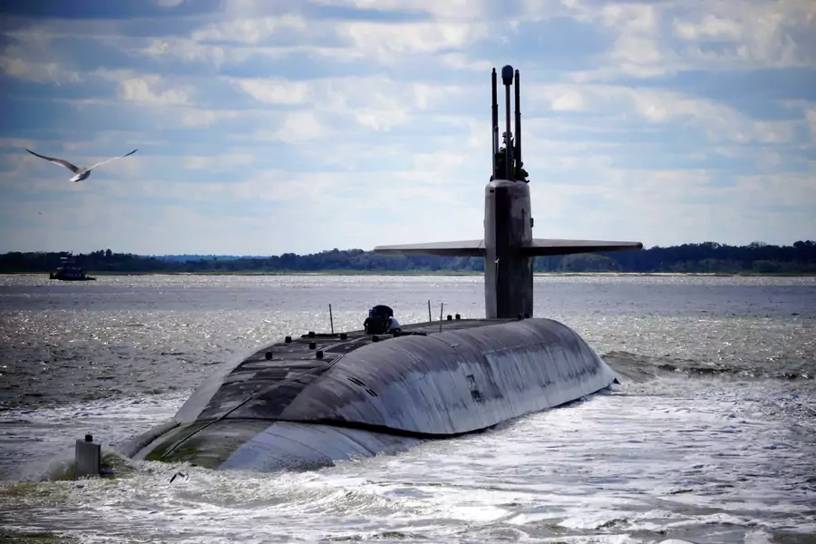 Following a strategic deterrence patrol, the Ohio-class ballistic-missile submarine USS Alaska returns to its homeport at Naval Submarine Base Kings Bay, Georgia, United States, in this April 2, 2019 handout photo.