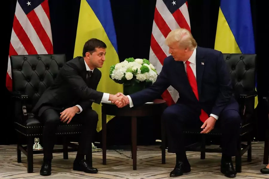 Ukrainian President Volodymyr Zelensky speaks with President Trump at the United Nations General Assembly on September 25.