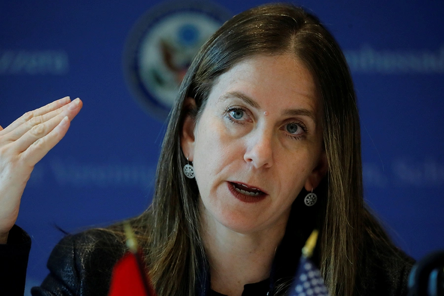  U.S. Treasury Under Secretary for Terrorism and Financial Intelligence Sigal Mandelker addresses a press roundtable at the U.S. embassy in Bern, Switzerland September 10, 2019.