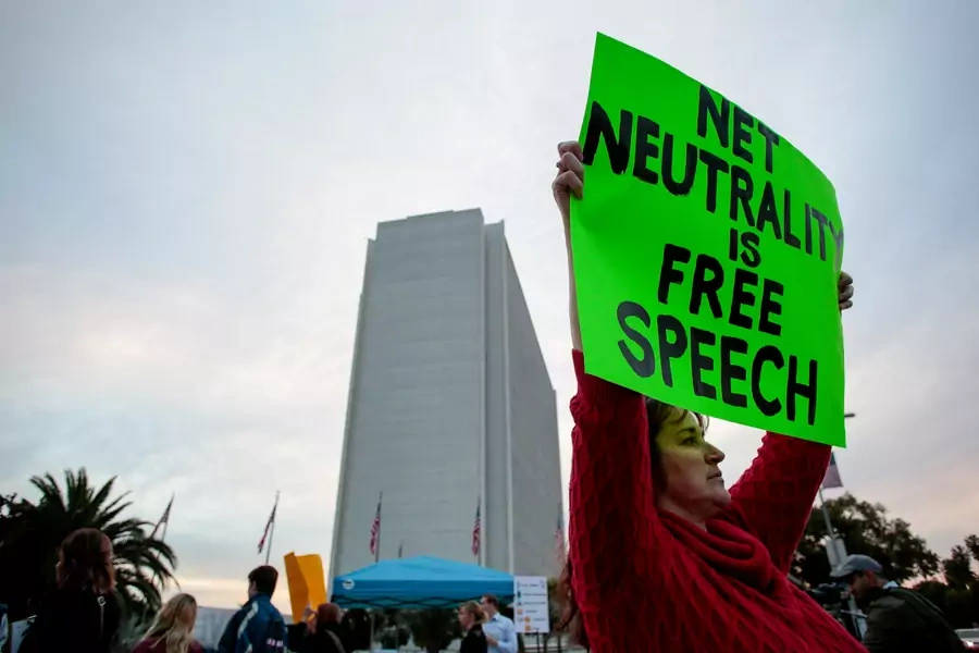 Supporters of Net Neutrality protest the FCC's decision to repeal the program in Los Angeles, California, November 28, 2017. 