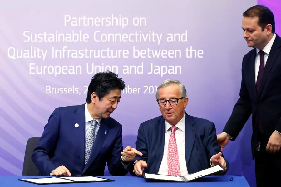 European Commission President Jean-Claude Juncker and Japan's Prime Minister Shinzo Abe attend the conference Communication Connecting Europe and Asia, in Brussels, Belgium September 27, 2019.
