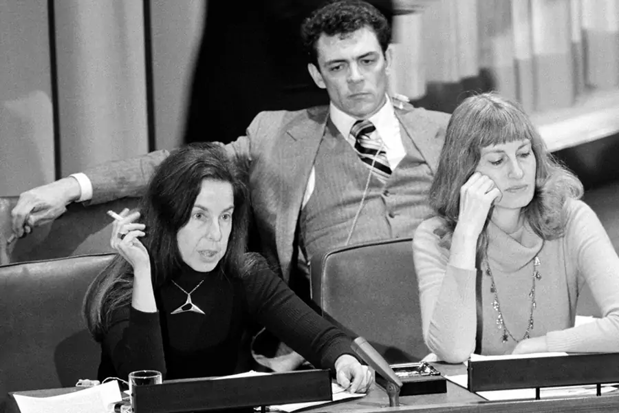 Jennifer Davis of the American Committee on Africa (left), speaks at a meeting of the UN Special Political Committee in New York, on November 13, 1980.