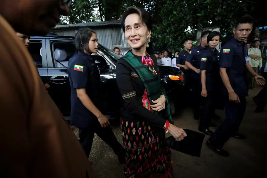 Myanmar's State Counsellor Aung San Suu Kyi arrives at a school in Kawhmu, Yangon, Myanmar, on July 18, 2019.