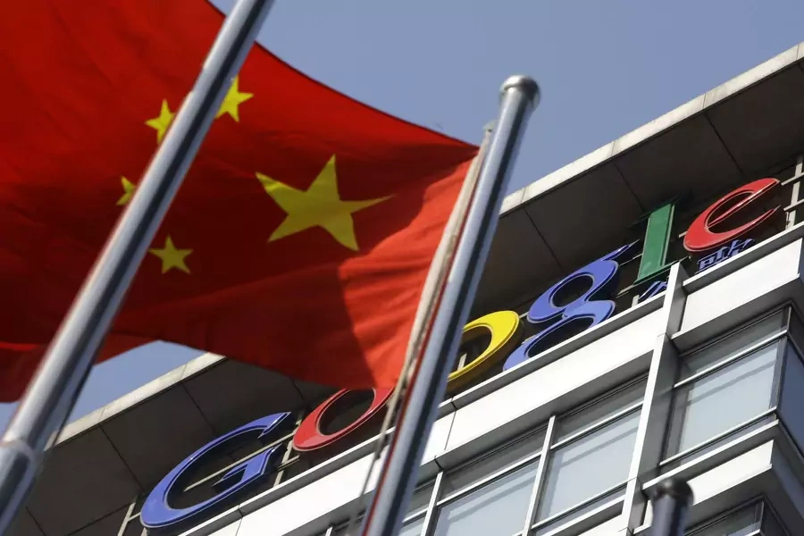 A Chinese national flag flies in front of Google China's headquarters in Beijing