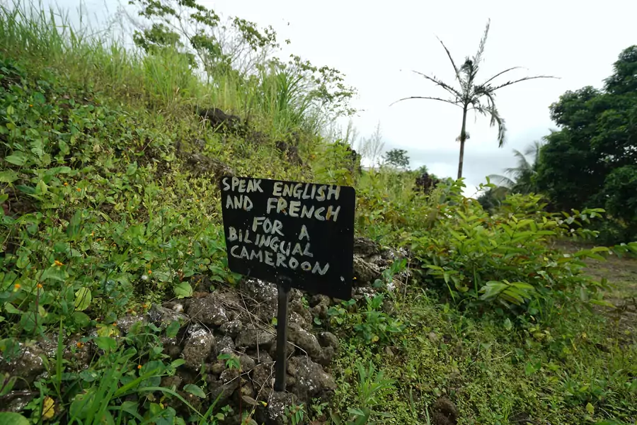 A sign saying "Speak English or French for a bilingual Cameroon," outside a now abandoned school in rural southwest Cameroon, on May 22, 2019.