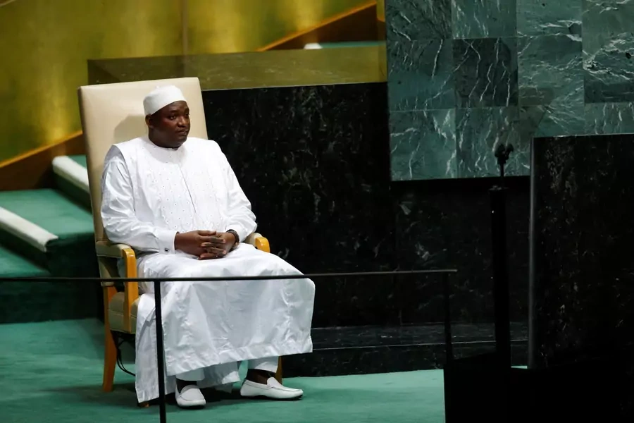 Gambia's President Adama Barrow sits in the chair reserved for heads of state before delivering his address during the seventy-third session of the United Nations General Assembly at U.N. headquarters in New York, September 25, 2018.