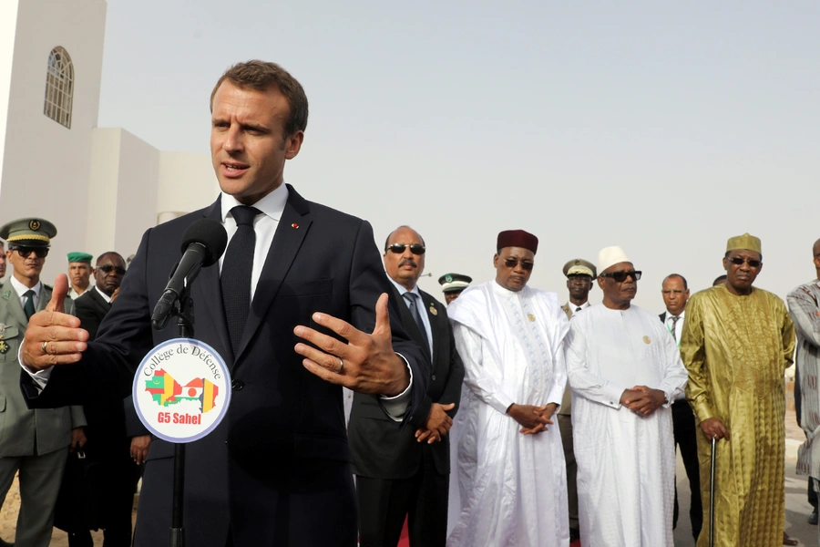 French President Emmanuel Macron delivers a speech during a press conference ahead of a G5 Sahel force meeting, with the heads of state for G5 Sahel countries, in Nouakchott, Mauritania, July 2, 2018.