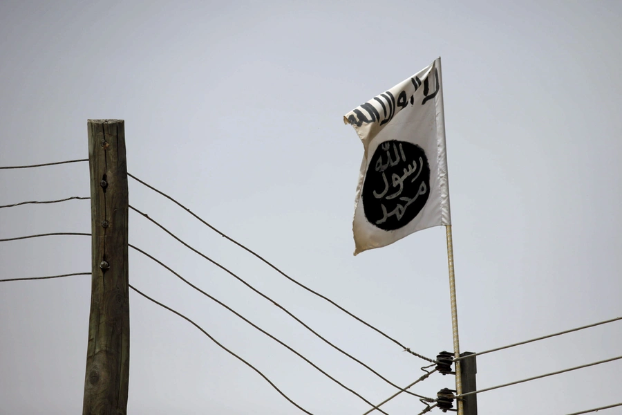 A Boko Haram flag flies on transmission lines in Damasak, Borno, Nigeria, on March 24, 2015.