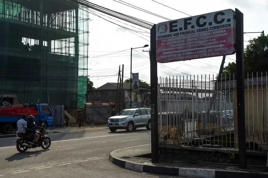 The sign of the Economic and Financial Crimes Commission (EFCC), one of Nigeria's primary anti-corruption agencies, in Lagos, Nigeria, on October 3, 2016. 