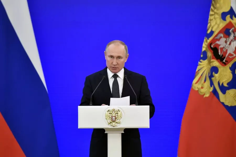 Russian President Vladimir Putin delivers a speech during the reception to mark the Day of the Heroes, at the Kremlin in Moscow, Russia