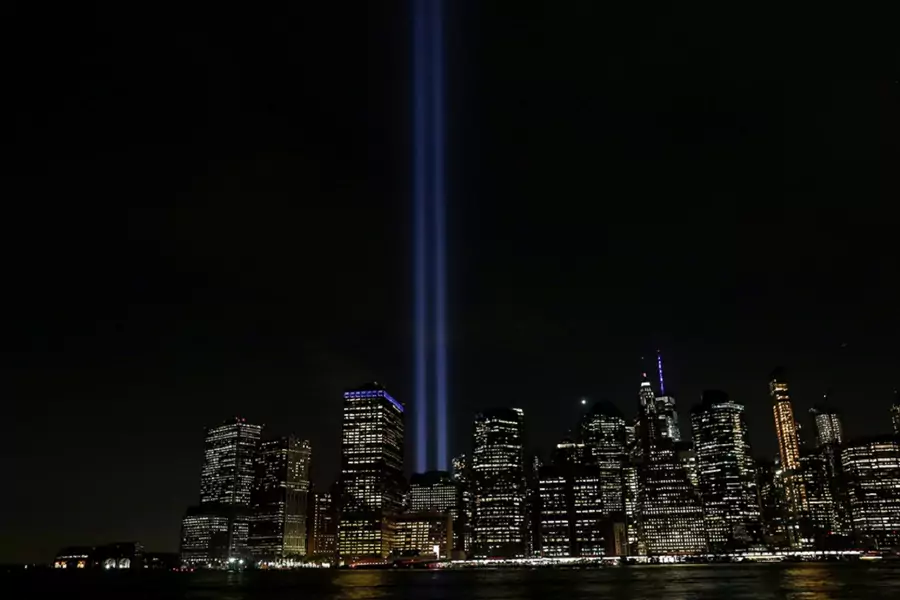 The Tribute in Light installation illuminates lower Manhattan, New York City, on September 11, 2019, marking the eighteenth anniversary of the 9/11 attacks.
