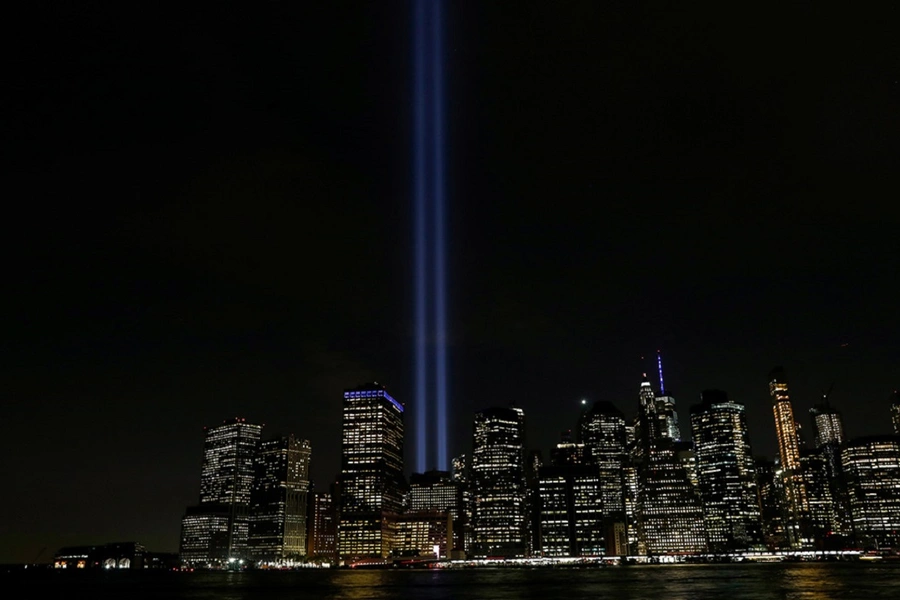 The Tribute in Light installation illuminates lower Manhattan, New York City, on September 11, 2019, marking the eighteenth anniversary of the 9/11 attacks.