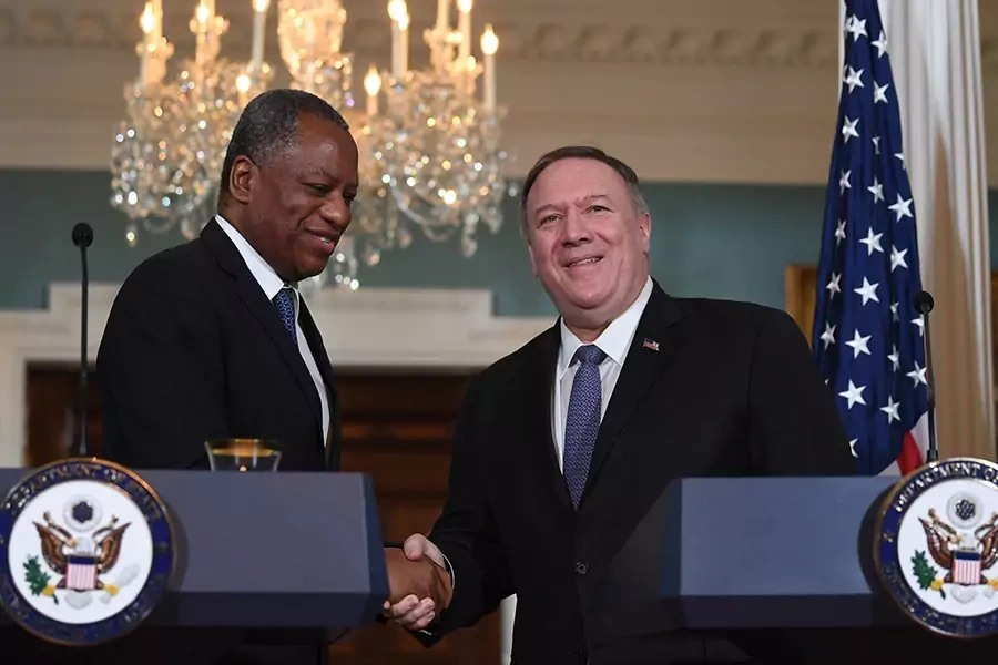 Nigerian Minister of Foreign Affairs Geoffrey Onyeama shakes hands with US Secretary of State Mike Pompeo at the Department of State on February 4, 2020, in Washington, DC. 