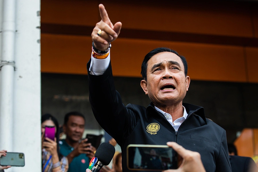 Thai Prime Minister Prayuth Chan-ocha gives a press conference following a mass shooting at Terminal 21 Mall in Korat, Thailand on February 9, 2020.