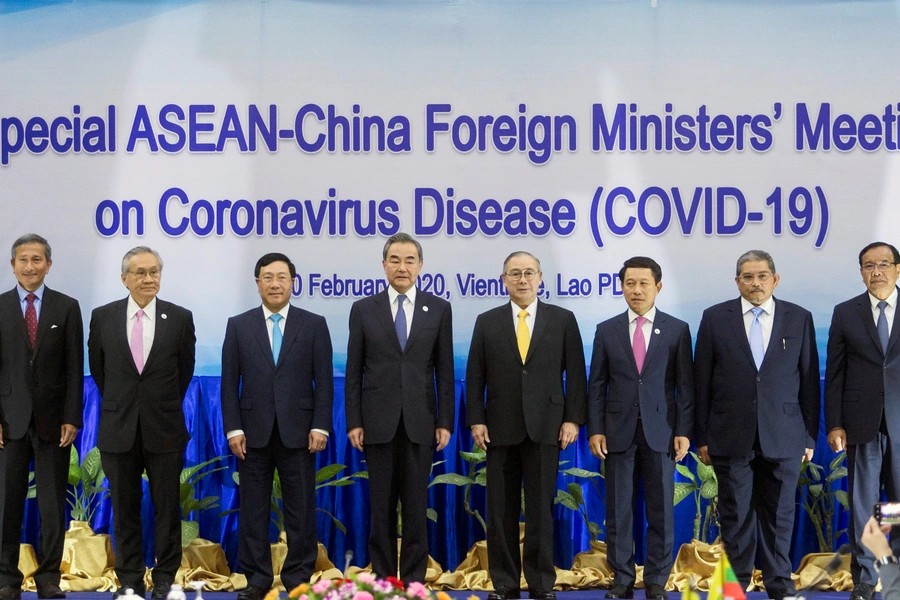 Association of Southeast Asian Nations (ASEAN) foreign ministers pose during an emergency meeting with China's Foreign Minister Wang Yi on the coronavirus outbreak in Vientiane, Laos on February 20, 2020.